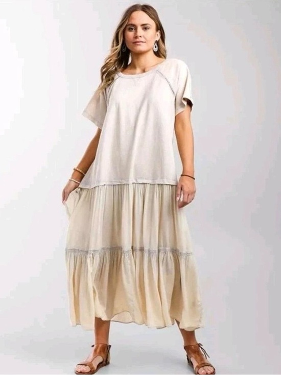 Free People Dresses & Skirts - Free People Relaxed Short-Sleeve Cream Boho Cottagecore Midi/Maxi Dress Small